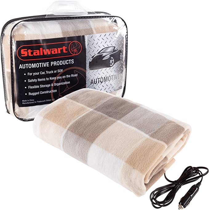 Stalwart 75-BP1010 electric blanket, heatable, 12V, fleece travel cover, suitable for cars, trucks and RVs, suitable for cold weather, trunk and emergency kit (gray)